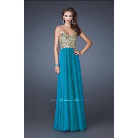 La Femme women’s strapless beaded gold and teal gown, sz 4 prom gala - Picture 1 of 8